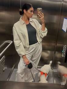 春夏休閒優雅時尚米色飛行員短夾克女款 街頭風寬鬆鬆緊夾克 Y2K女孩度假節慶外套 - 白色 - 查看 6