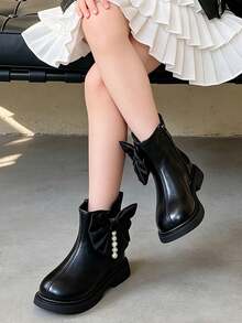 1 Pair Children's Fashion Bow & Pearl Decor Ankle Boots, Simple Leather Upper, Suitable For Dressy Looks, Commuting And Outings, Perfect For Autumn/Winter Styling - Black - View 4