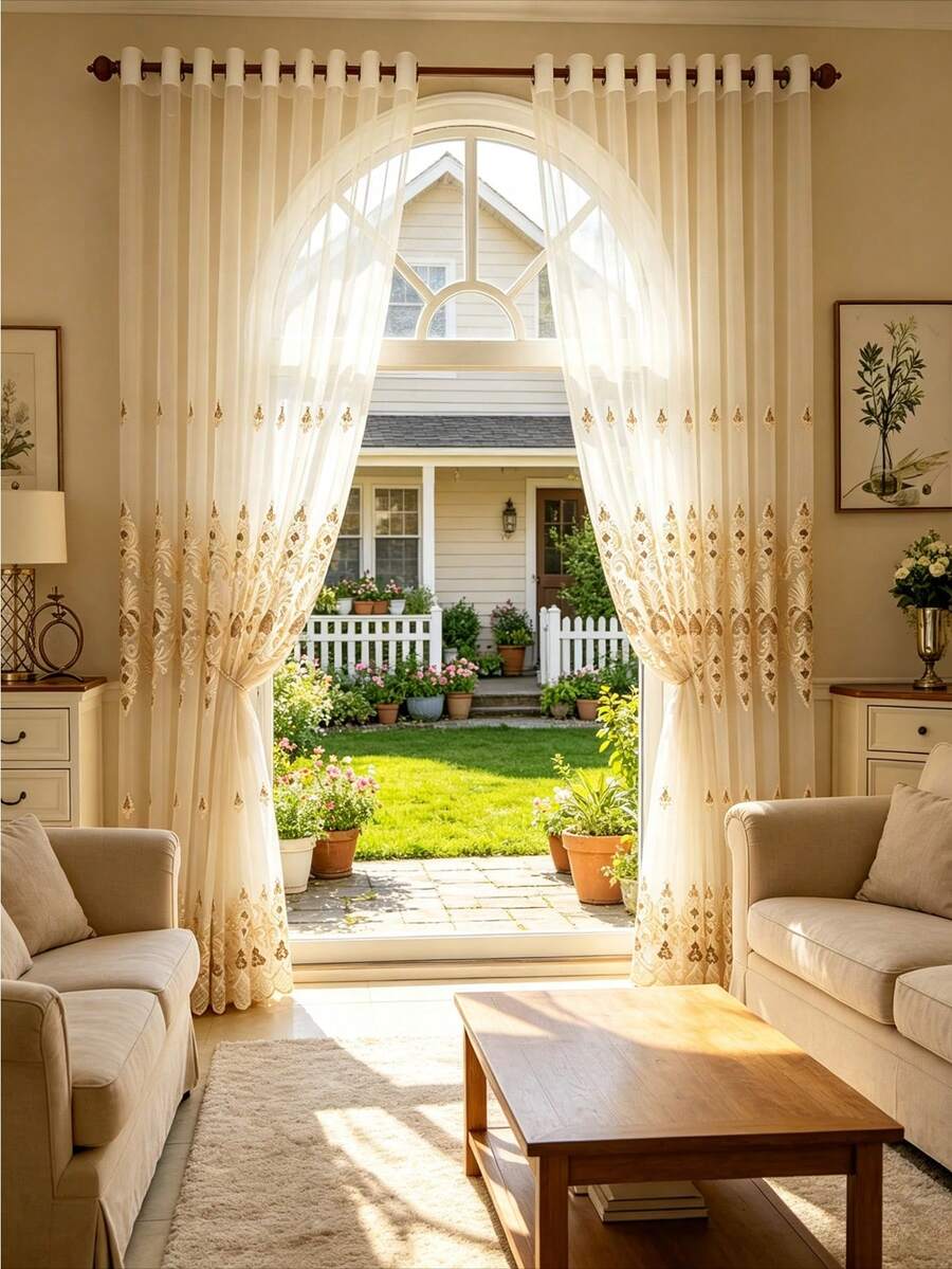 1PC Grommet Top European Palace Style Embroidered Sheer Curtain, Elegant Vintage Floral Pattern Embroidered Sheer Curtain, Luxury Villa Living Room Bedroom Beige Floor-Length Sheer Curtain - Beige - View 1