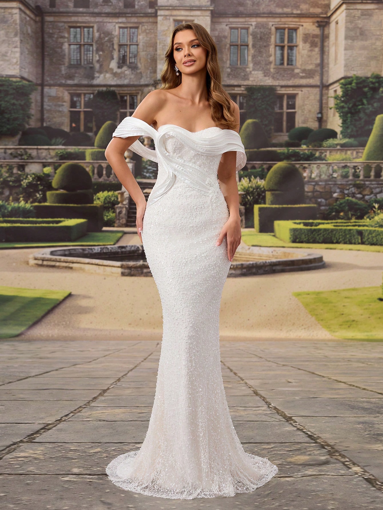 HEARBOBO Elegant Off-Shoulder Backless Pleated Slit Long Vintage Wedding Dress, Romantic Occasion Bridal Gown White - image - 4