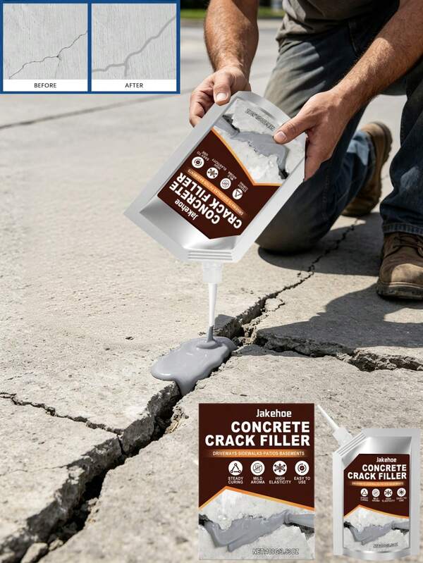 Jakehoe Concrete Crack Filler, Self-Leveling Formula Easily Fills Floor Gaps, Seals Waterproof And Resistant To Cracking, Suitable For Driveways, Sidewalks, Patios, Basements And Other Indoor/Outdoor Scenarios, High Elasticity Material Can Adapt To Slight Deformation, Mild Odor User-Friendly, Simple Operation Without Complex Tools, Quickly Repairs Concrete Surface Defects, Restores Site Flatness.