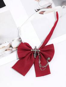 1PC Black/Red/Green/Khaki Bow Tie With Rhinestone Cross & Heart Chain Decor Adjustable Shirt Collar Accessory - Multicolor - View 7