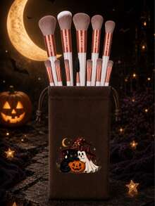 FSJF FIX 12-Piece Makeup Brush Set With Halloween Drawstring Storage Pouch, White Handle Rose Gold Tone Face And Eye Brushes For Foundation, Powder, Blush, Eyeshadow, Brows, Daily Beauty Routines, Party Looks, Travel And Makeup Organization - Multicolor - View 9