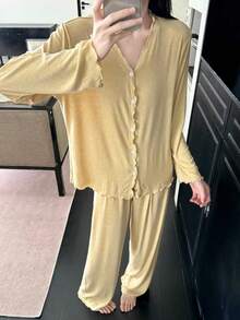 Women's Spring/Autumn Frill Trim Long Sleeve Long Pants Casual Loose 2 Pieces Loungewear Set, Suitable For Outdoor Wear - Yellow - View 2