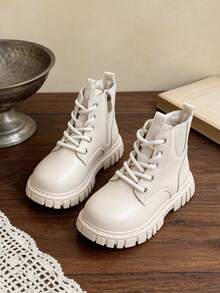 1 Pair Kids Classic Lace-Up Boots With Side Zipper For Easy On/Off, Leather Boots Suitable For Daily Wear, Casual Outings, School Commute, Autumn/Winter - Beige - View 8