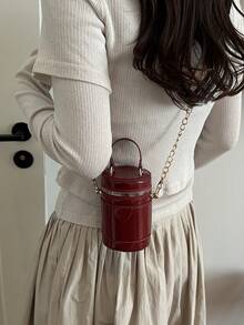 Tas Ember Rantai Kulit Paten Warna Polos Mini, Ukuran Mini, Bisa Digenggam & Diselempangkan, Tas Kosmetik, Tempat Lipstik - Burgundy - View 6