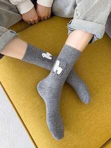 3/6 Pairs Women's 3D Flocked Alpaca Mid-Calf Socks, Black White Gray Minimalist Cute Animal Socks, Suitable For Daily Sports Shoes Matching - Multicolor - View 3