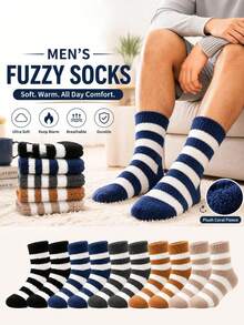 5 Pairs Random Style Men's Striped Coral Fleece Mid-Calf Socks, Soft Fluffy Skin-Friendly Warm, Thick Comfortable Home Winter Socks - Multicolor - View 5