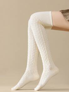 1/2 Pairs Women's Over-The-Knee Socks With Cable Knit Embossed Pattern Design, Wool Blend Thigh-High Socks, Fashionable Versatile High Socks For Autumn/Winter Daily Wear - Multicolor - View 8