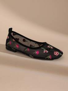Women's Square Toe Mesh Flat Mary Jane Ballet Shoes, Floral Lace Embroidery, Breathable, Lightweight, Fashionable - Black - View 5