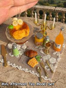 Miniature Afternoon Tea Model Decor, Banana Bread, Jam, Beverage, Candle Holder And Tableware Models, Dollhouse Restaurant Scene Decoration Accessories - one-size - View 7