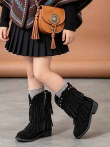 1 Pair Kids Vintage Western Style Tassel Mid-Calf Boots With Rivet Decor And Side Zipper, Suitable For Holiday Outings, Retro Outfit Styling, Autumn/Winter - Black - View 1