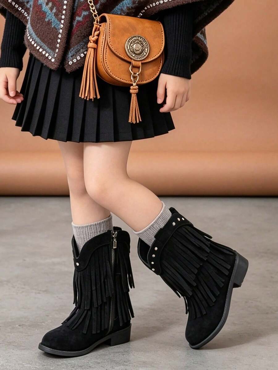 1 Pair Kids Vintage Western Style Tassel Mid-Calf Boots With Rivet Decor And Side Zipper, Suitable For Holiday Outings, Retro Outfit Styling, Autumn/Winter - Black - View 1