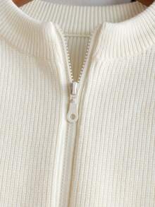 Boys Casual Stand Collar Zip-Up Long Sleeve Knit Cardigan Sweater, Colorblock Patchwork Ribbed Texture, Minimalist Versatile For Daily Casual School Wear, Spring Autumn Winter - Apricot - View 4