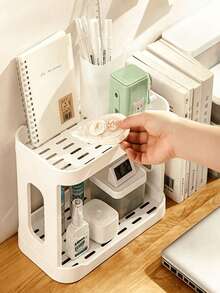 1pc Double Layer Desk Organizer And File Box, Home Essential, Desk Letter Organizer, Kitchen Spice Rack Or Bathroom Countertop Storage Rack, Halloween And Christmas Gift For Teachers, Classmates And Friends - White - View 2