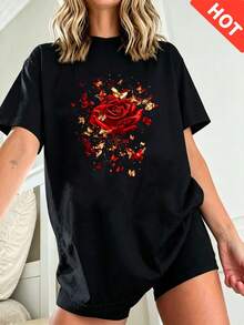 Women'S Casual Sports T-Shirt, Women'S Floral Red Rose And Butterfly Printed T-Shirt, Casual Round Neck, Short Sleeves, Knitted Polyester - Black - Exclusive Upgrade - View 2