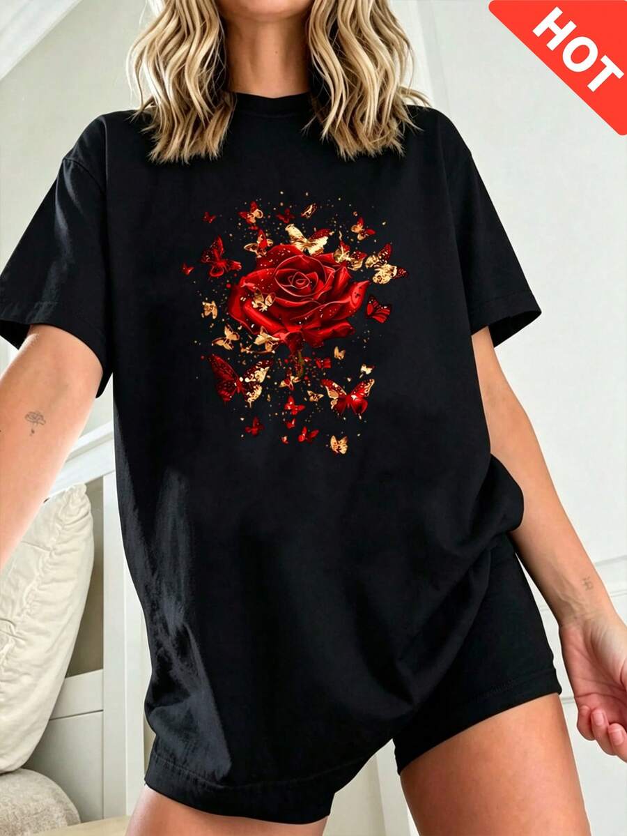 Women'S Casual Sports T-Shirt, Women'S Floral Red Rose And Butterfly Printed T-Shirt, Casual Round Neck, Short Sleeves, Knitted Polyester