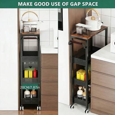 Luminpool 4-Tier Slim Rolling Storage Cart, 20cm Narrow Gap Organizer With Lockable Wheels, Rustic Wood Top Metal Utility Shelf For Kitchen Fridge Gap, Bathroom, Living Room Side Space Saving Storage Rack
