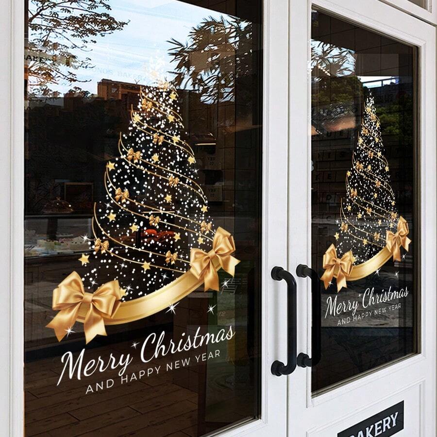 1pc 45*60cm Gold Christmas Tree Static Window Sticker, Merry Christmas, Happy New Year Static Glass Decal, Reusable, Removable Door Window Display Decoration Sticker
