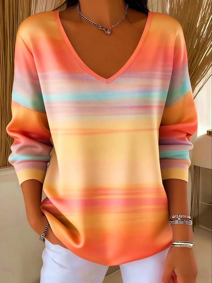 Plus Size Tie-Dye V-Neck Long Sleeve T-Shirt, Vintage Rainbow Gradient Top - Orange - View 1