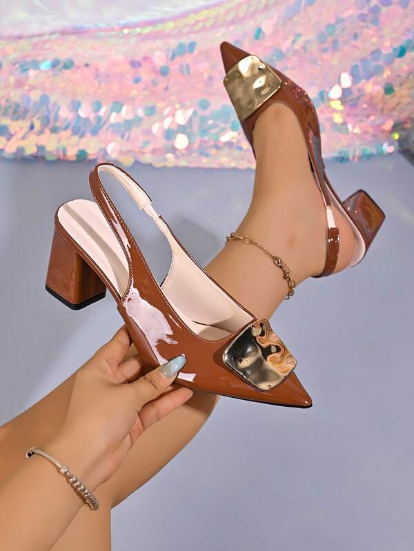 4 Autumn New Vintage Metal Square Buckle Pointed Toe Chunky Heel Slingback Shoes, Mature Style Commute Date Versatile Women's Shoes