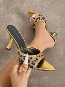 Jin Bei Qi Sandalias de tacón alto tipo mule con punta abierta y estampado de leopardo dorado para mujer, tacones altos glamurosos de verano, tacones altos dorados para exteriores, moda de todas las estaciones, discoteca, fiesta, banquete y reunión, sandalias elegantes para mujer, diseño de tacón de gatito, zapatos de tacón alto para mujer, zapatos casuales cómodos de otoño para mujer - Dorado - Ver 1