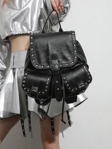 Dedoo Mochila con cordón de unicolor, decoración de remaches, bolsillos delanteros dobles, gran capacidad, bolsa escolar para estudiantes, estilo punk cool de campus - Negro - Ver 6