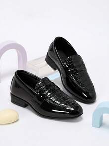 1 Pair Kids Black Crocodile Embossed Glossy Vintage Loafers, Suitable For Wedding Flower Girl, Performance Outfit Matching - Black - View 6