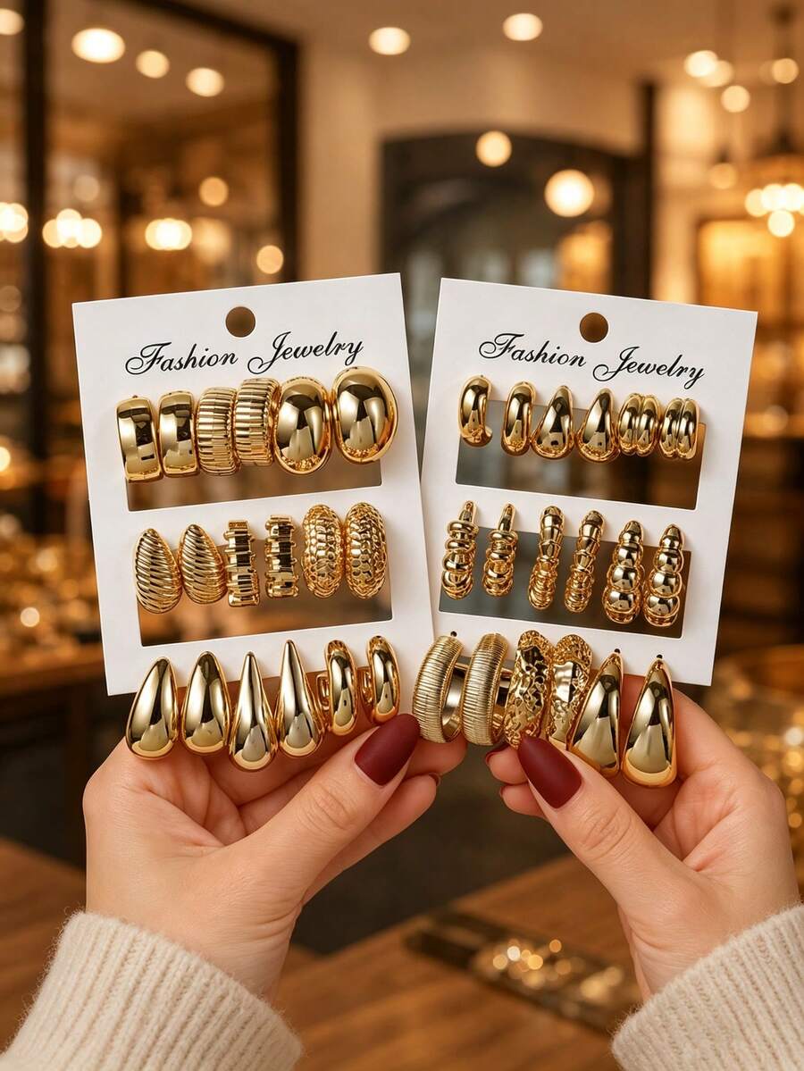12/18 Pairs Multiple Gold Tone Textured Hoop Earring Set, Vintage Geometric Statement Metal Earrings, Versatile Daily Party Jewelry Gift For Women - Yellow Gold - View 1