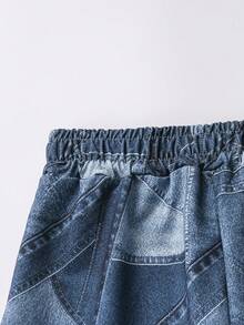 [Random 3 Pieces, 1 Piece Sent] Vintage Street Girl Wide Leg Sweatpants, Full Coverage Colorblock Denim Effect Print Elastic Waist School Pants - Multicolor - View 6