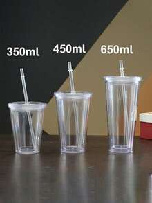 1pc 350ml, 450ml Or 650ml Double Wall Transparent Plastic Straw Cup, Insulated Milk Tea Cup - Clear - View 10