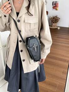 Street Fashion Crossbody Bag, Coffin-Shaped Bag, Vintage Metal Decor, New Gothic Style Rivet Chain Shoulder Crossbody Bag, Niche Design Retro Personality Phone Bag - Black - View 7