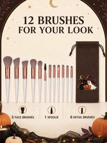 FSJF FIX 12-Piece Makeup Brush Set With Halloween Drawstring Storage Pouch, White Handle Rose Gold Tone Face And Eye Brushes For Foundation, Powder, Blush, Eyeshadow, Brows, Daily Beauty Routines, Party Looks, Travel And Makeup Organization - Multicolor - View 2