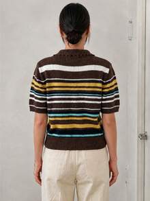 Wixra Women's Scallop Collar Color Stripe Fuzzy Knit Long Sleeve Sweater - Brown - View 2