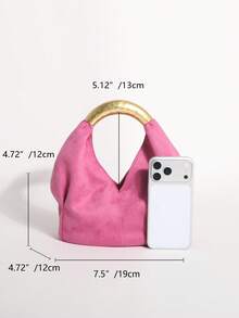 1pc Rose Red Textured Velvet Ruffled Design Vintage Metal Hardware Handbag Exquisite Fashion Zipper Bucket Bag Suitable For Commuting And Shopping - Hot Pink - View 2