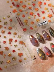 1pc Jelly Foil Gold Autumn Maple Leaf Plant 5D Nail Stickers, Luxury Autumn Leaf Decor, Self-Adhesive Nail Decals, Women's Seasonal Natural Style Nail Art Decoration - Multicolor - View 5