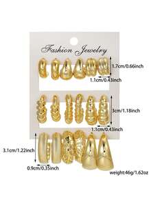 12/18 Pairs Multiple Gold Tone Textured Hoop Earring Set, Vintage Geometric Statement Metal Earrings, Versatile Daily Party Jewelry Gift For Women - Yellow Gold - View 7