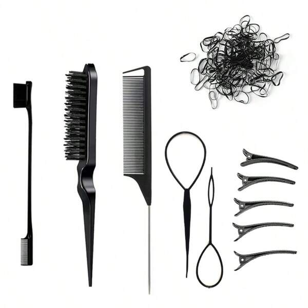 11pcs Hair Styling Tools, Including 2 French Braid Tools, 1 Rat Tail Comb, 1 Detangling Brush, 1 Double-Ended Comb, 5 Alligator Clips And 1 Pack Of 100 Rubber Bands