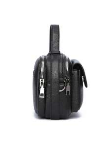 Men's Litchi Grain Flap Crossbody Bag, Handheld One Shoulder Dual-Use Small Bag, Horizontal Camera Bag, Commuter Bag, Pebbled Texture, Business Casual - Black - View 8