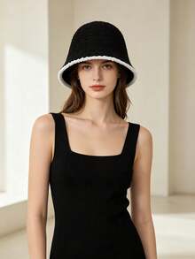 Bucket Hat, Japanese Style Face-Slimming, Black Knitted Plush Bucket Hat, Sun Protection, Face-Slimming, Bucket Hat, Versatile For Outings, Travel Essential, Travel Must-Have, Fashionable And Versatile, Matches Any Outfit, Perfect For Walking, Great For Photos, Gift For Women, Gift For Girlfriend, Gift For Best Friend, Women's Accessory, Personalized Gift, Fun Gift. - Multicolor - View 7
