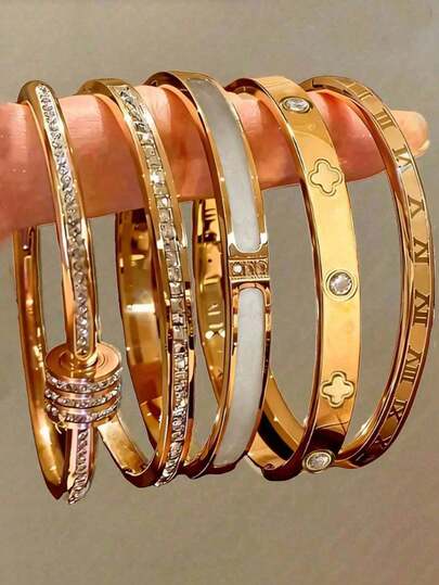 ZCNC Neues 5 Stücke/1 Stück vielseitiges minimalistisches modisches elegantes luxuriöses sternenartiges funkelndes Armband für Frauen, hochwertiges Titanstahl-Armband
