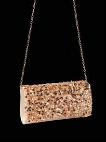 Fashion Sequin Patchwork Evening Clutch Bag, Envelope Handbag, Tote Bag, Paired With Rhinestone Jewelry 3 Pieces Set, Necklace, Earrings, Bracelet, Suitable For Parties, Evening Events, Social Gatherings, Balls And Weddings - Gold - View 3