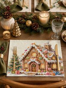 Christmas Table Runner, Throw Pillow, Placemat With Gingerbread House, Candy, Christmas Tree And Gift Print, Cute Cartoon Style, Holiday Kitchen And Dining Room Tabletop Decor - Multicolor - View 5