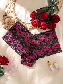 Rosiemei 1pc Women's Plus Size Sexy Lace Dual-Color Gold Metallic Splice Comfortable Breathable Boxer Briefs - Hot Pink - View 4
