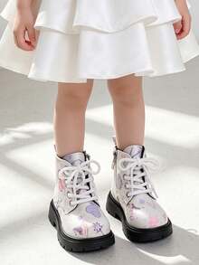 1 Pair Kids Cute Doodle Pattern Boots With Lace-Up And Side Zipper, Suitable For Holiday Parties, Daily Outings, School Commute, Autumn/Winter - Pink - View 3