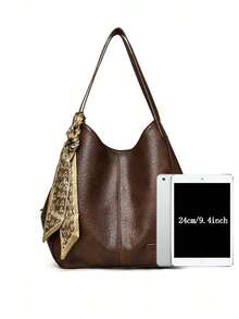 Elegant Business Style Solid Color Textured Bucket Shoulder Bag With Scarf Strap Decor, Suitable For Daily Commute And Gatherings - Brown - View 9