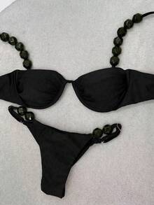 Polovedo Official Spring/Summer New European And American Sexy Solid 's Bikini Swimsuit For Beach, Vacation, Party, Date, Halloween - Black - View 1