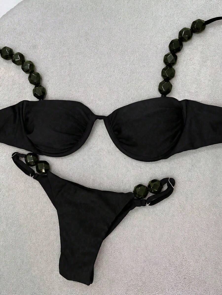 Polovedo Official Spring/Summer New European And American Sexy Solid 's Bikini Swimsuit For Beach, Vacation, Party, Date, Halloween - Black - View 1