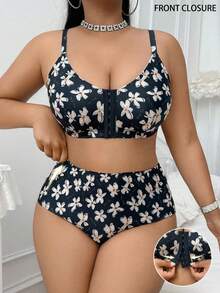 Wireless & Padless Front Closure Floral Print Plus Size Bra Set For Women - Black - View 5
