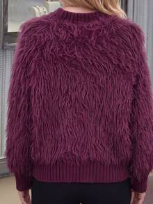 Fashionable Spring/Autumn New Stand Collar Fuzzy Trim Long Sleeve Sweater - Purple - View 6